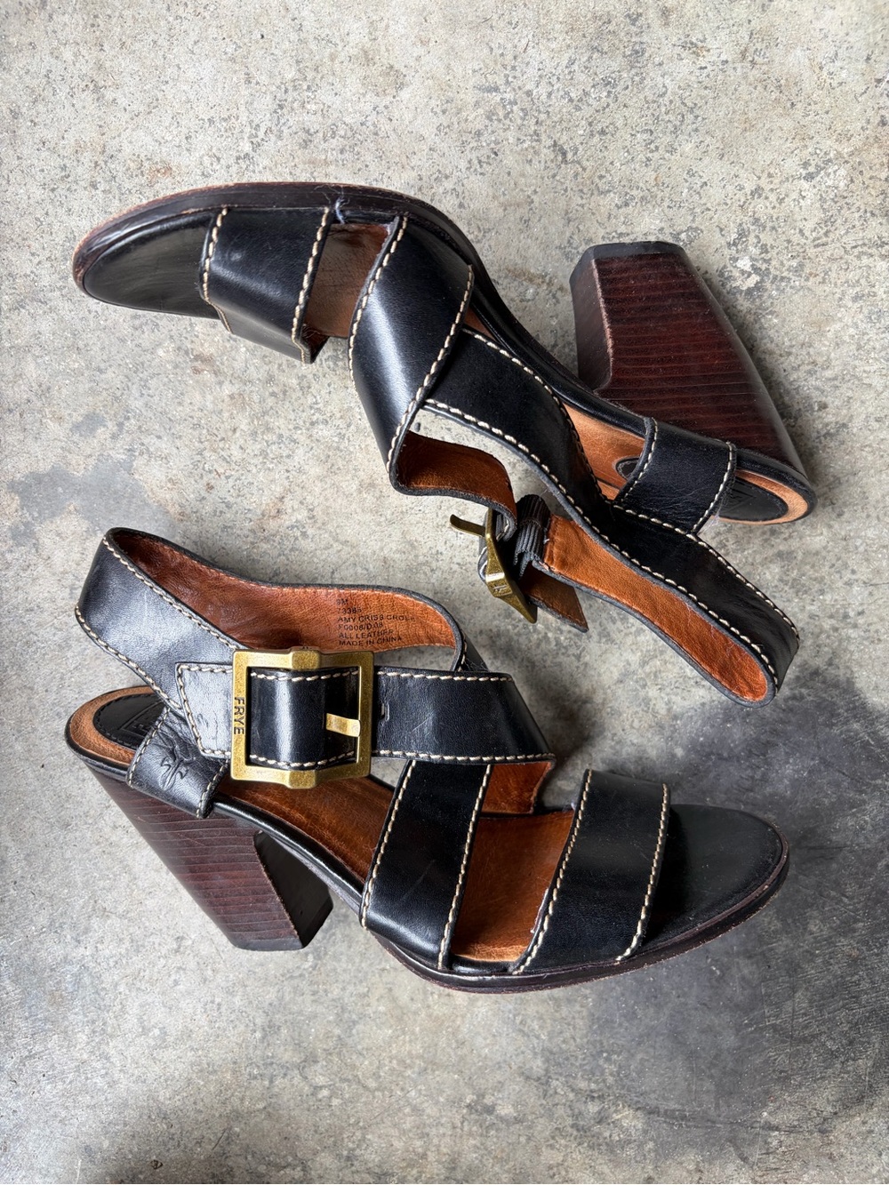 FRYE Amy Criss Cross Black Leather Heeled Sandals